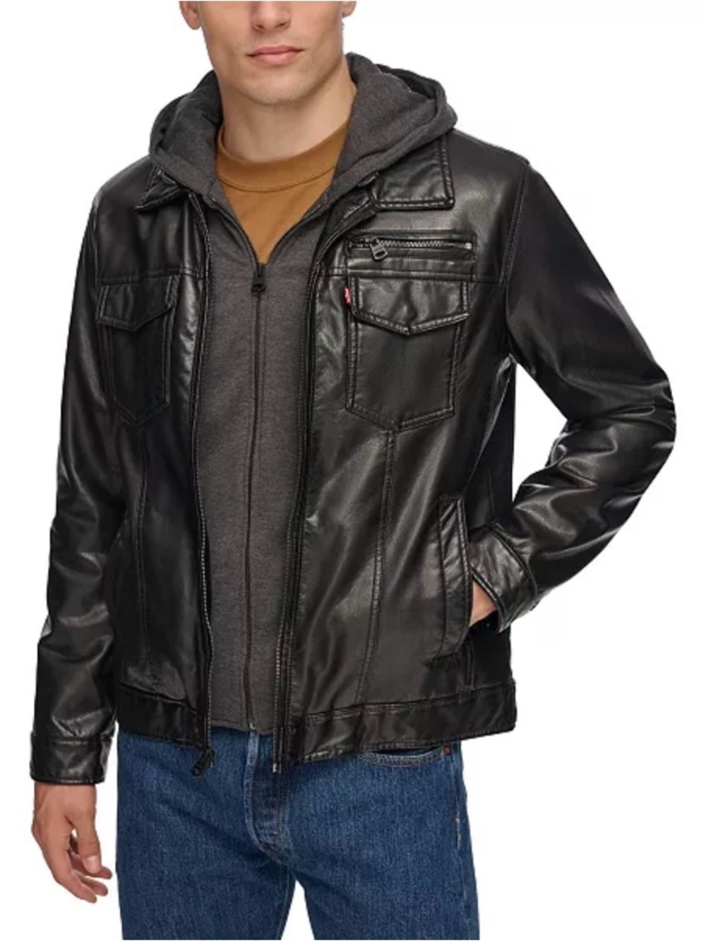 Levi’s Men's Black Faux Leather Jacket with Hooded Layer Vest
